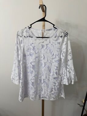 Notations White Lace-Overlay Bell Sleeve Blouse